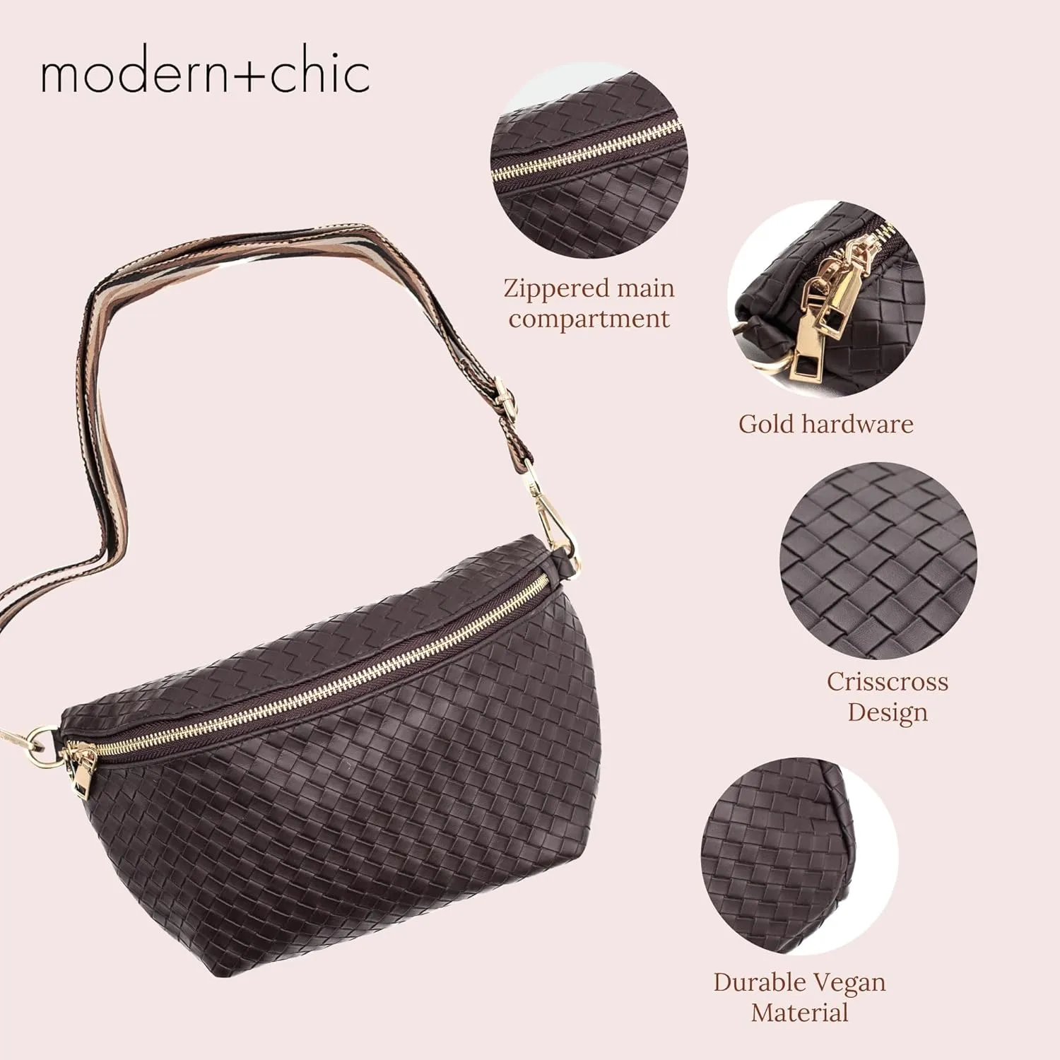 Modern Chic Rory Oversized Crisscross Belt Bag for Women, Vegan Leather Crossbody Bag with Strap and Multiple Pockets