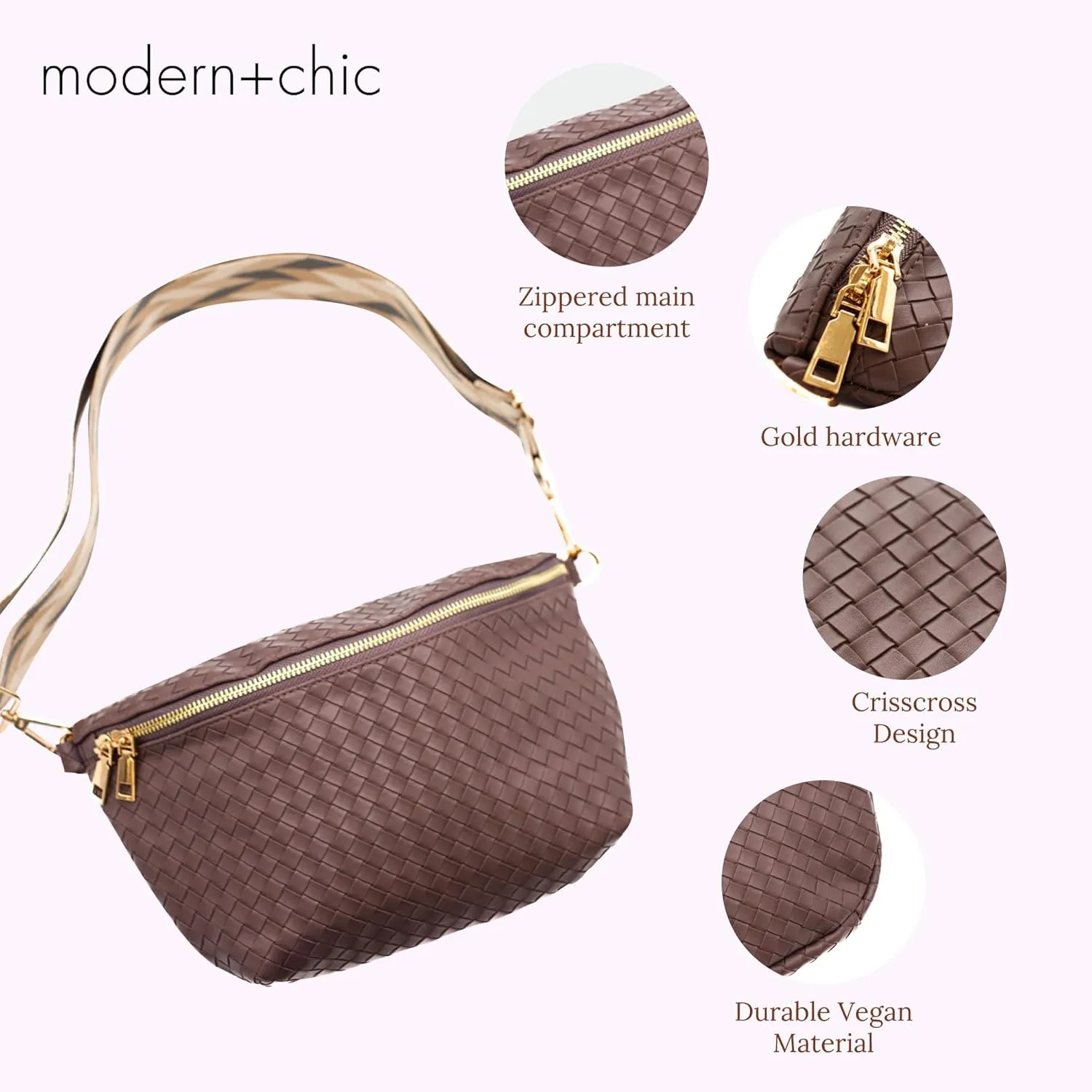 Modern Chic Rory Oversized Crisscross Belt Bag for Women, Vegan Leather Crossbody Bag with Strap and Multiple Pockets