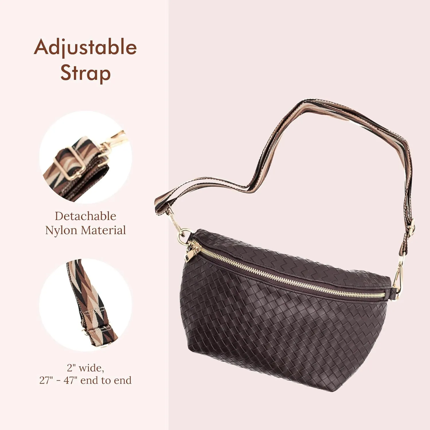 Modern Chic Rory Oversized Crisscross Belt Bag for Women, Vegan Leather Crossbody Bag with Strap and Multiple Pockets