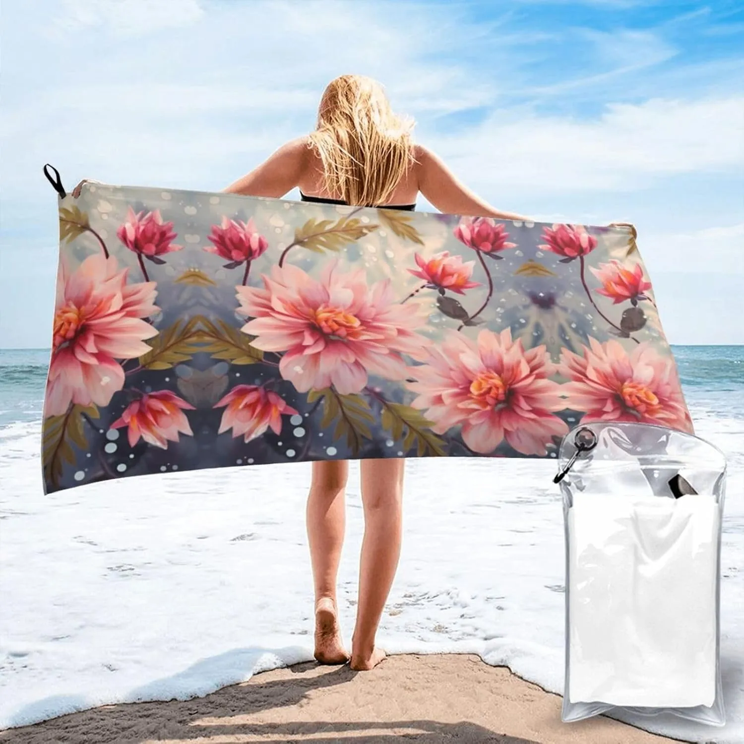 Modern Floral Premium Compact Microfiber Travel Towel-Featherlight & Quick Dry,Sand-Resistant Beach Towel for Swimming,Camping,Vacation Essentials with Carry Pouch