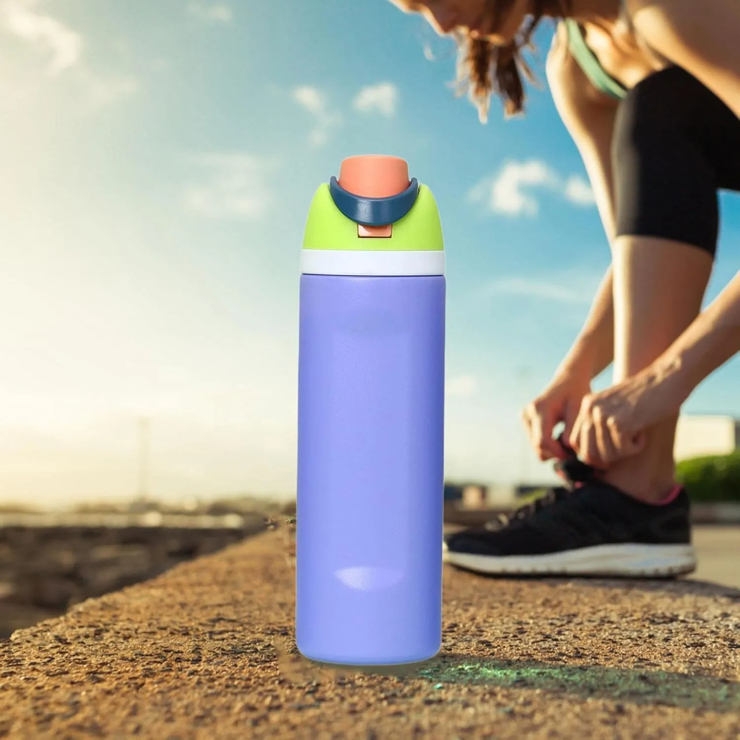 Modern Insulated Water Bottle with Reusable Straw & Carry Handle, Fits in Car Cup Holder, Leakproof Stainless Steel Water Bottles for Sports Travel Work School, 24oz Purple