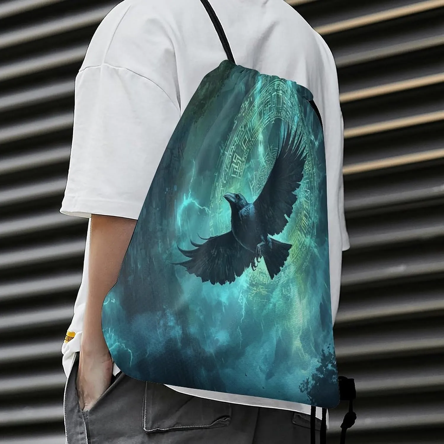 Modern Norse Viking Raven Drawstring Bags,Drawstring Backpack For Gym Travel Swimming Hiking Camping
