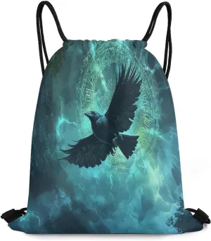 Modern Norse Viking Raven Drawstring Bags,Drawstring Backpack For Gym Travel Swimming Hiking Camping