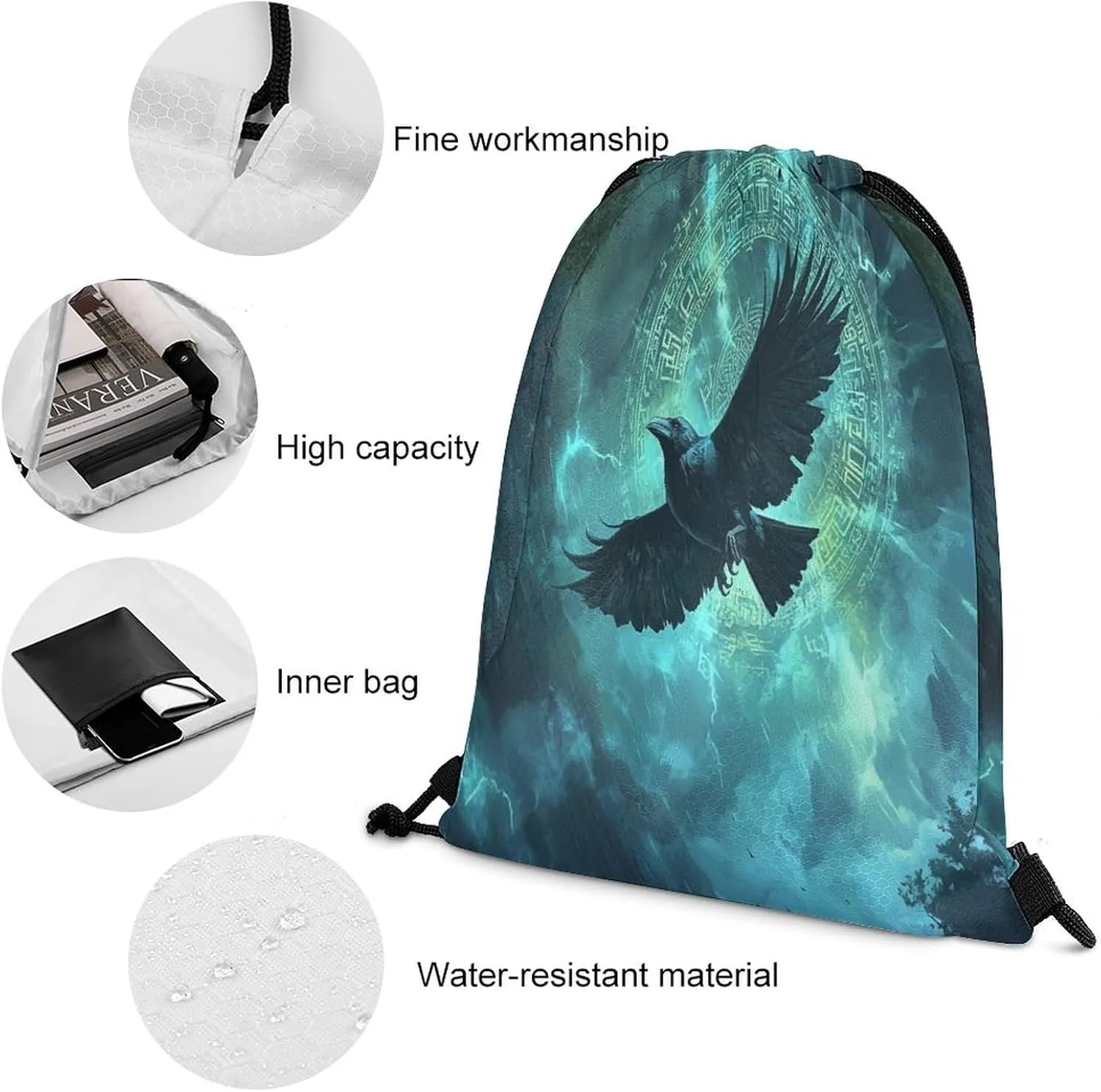 Modern Norse Viking Raven Drawstring Bags,Drawstring Backpack For Gym Travel Swimming Hiking Camping