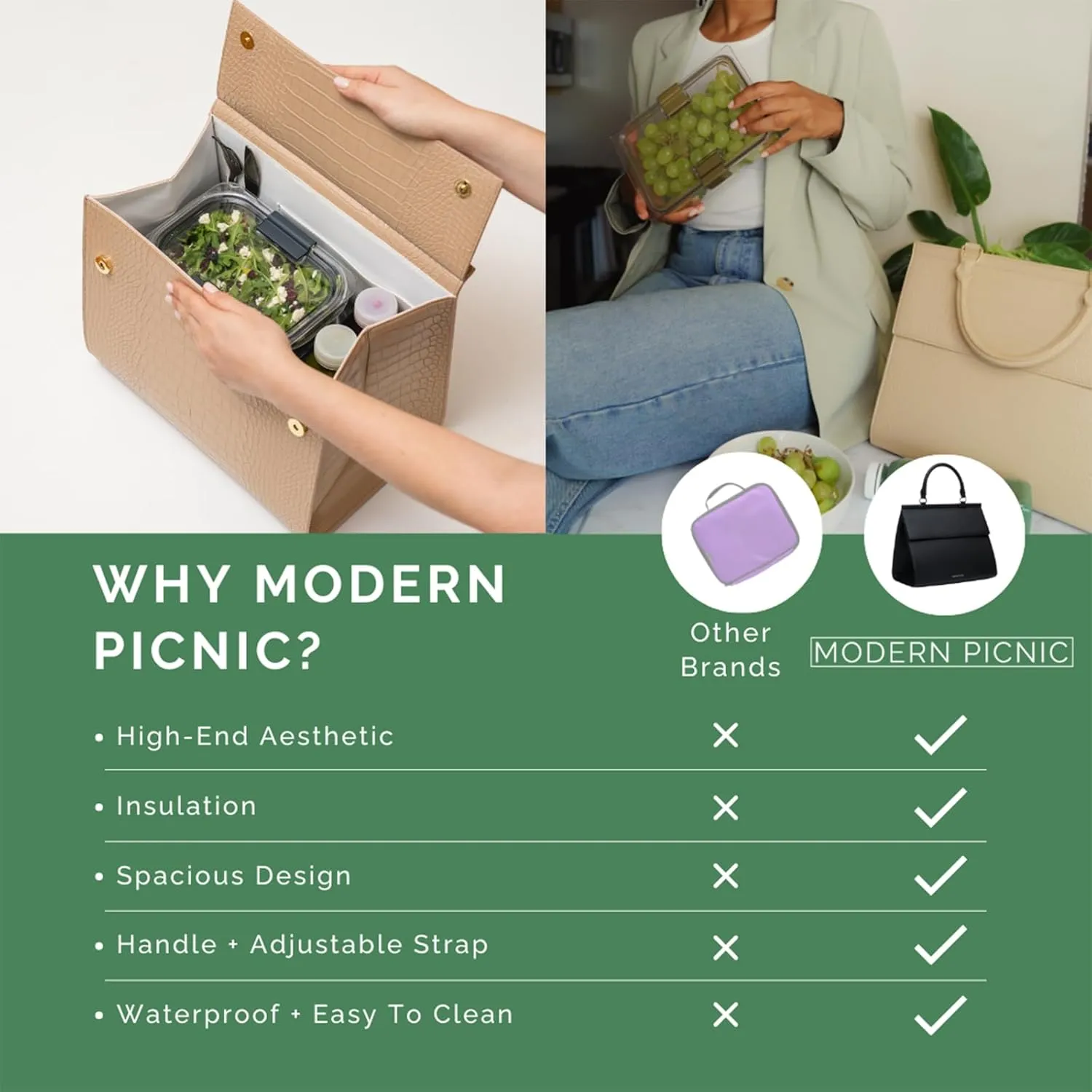 Modern Picnic Vegan Leather Lunch Bag for Women, Cooler Lunch Bag for Girls Easily Wipeable, Adjustable Shoulder Strap, Women’s Lunch Bags for Work/Office/Outdoor (Cream) As Seen on Shark Tank