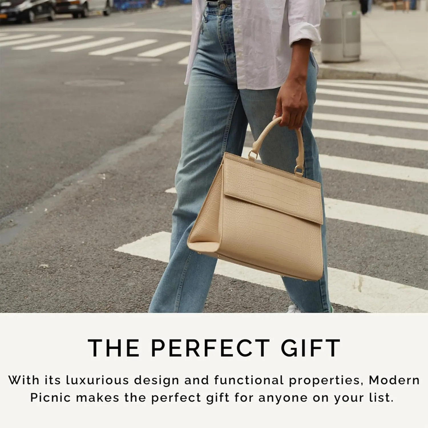 Modern Picnic Vegan Leather Lunch Bag for Women, Cooler Lunch Bag for Girls Easily Wipeable, Adjustable Shoulder Strap, Women’s Lunch Bags for Work/Office/Outdoor (Cream) As Seen on Shark Tank