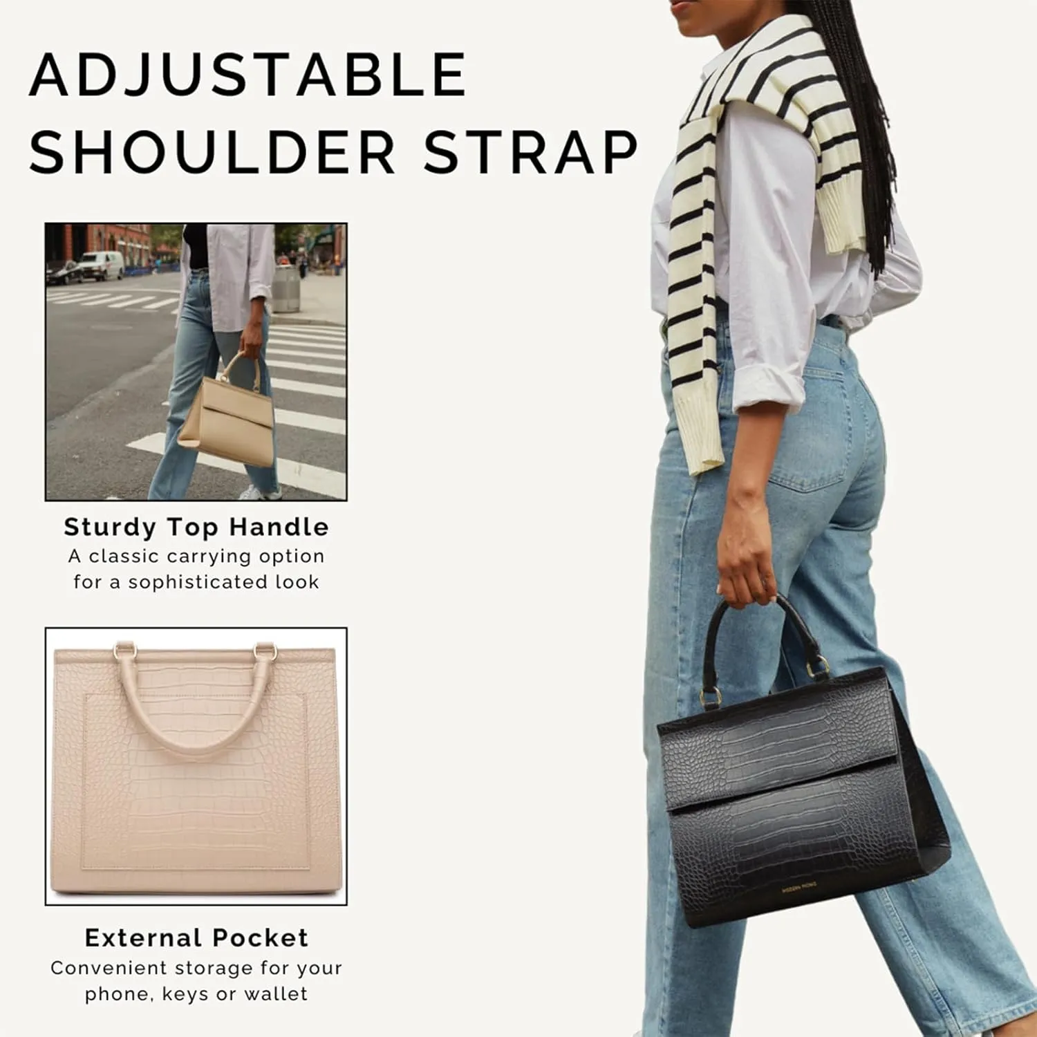 Modern Picnic Vegan Leather Lunch Bag for Women, Cooler Lunch Bag for Girls Easily Wipeable, Adjustable Shoulder Strap, Women’s Lunch Bags for Work/Office/Outdoor (Cream) As Seen on Shark Tank