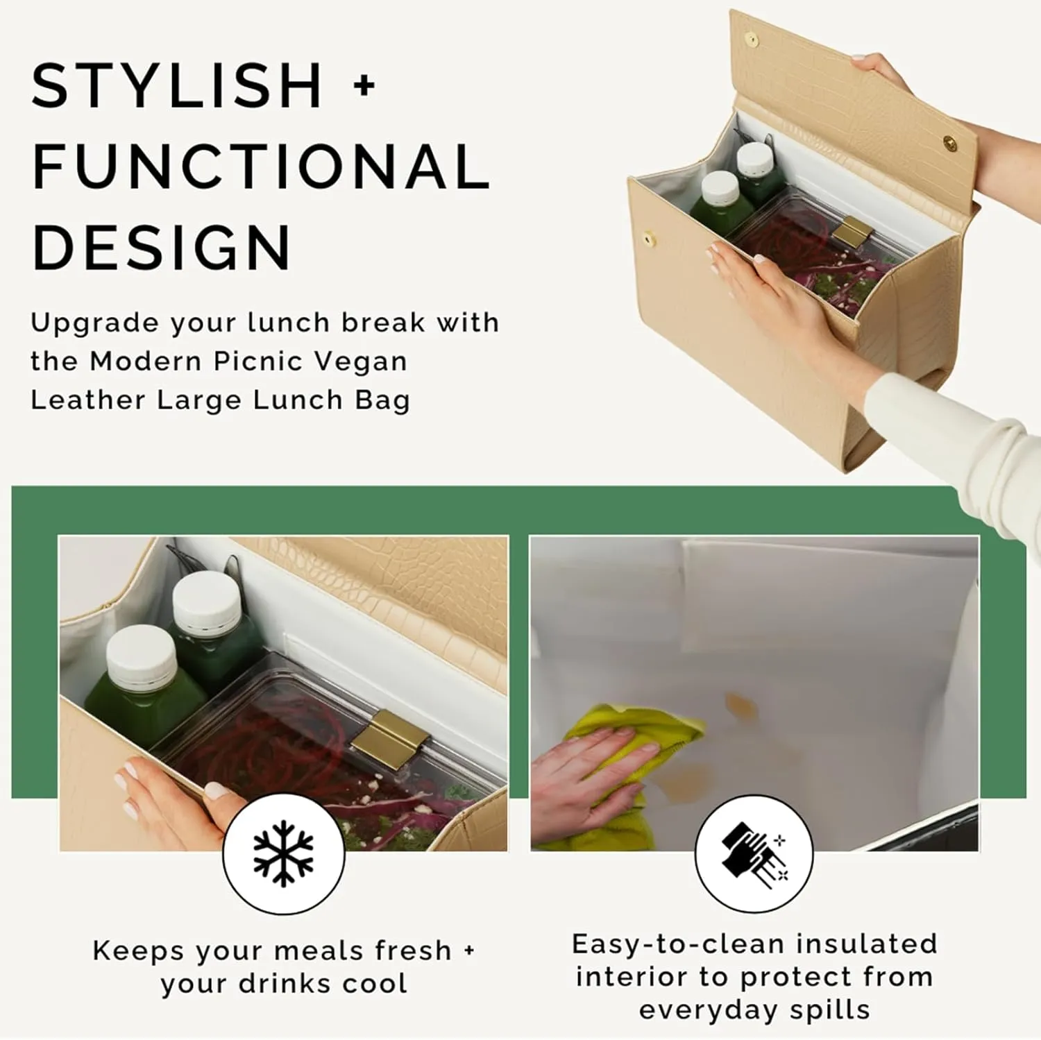 Modern Picnic Vegan Leather Lunch Bag for Women, Cooler Lunch Bag for Girls Easily Wipeable, Adjustable Shoulder Strap, Women’s Lunch Bags for Work/Office/Outdoor (Cream) As Seen on Shark Tank