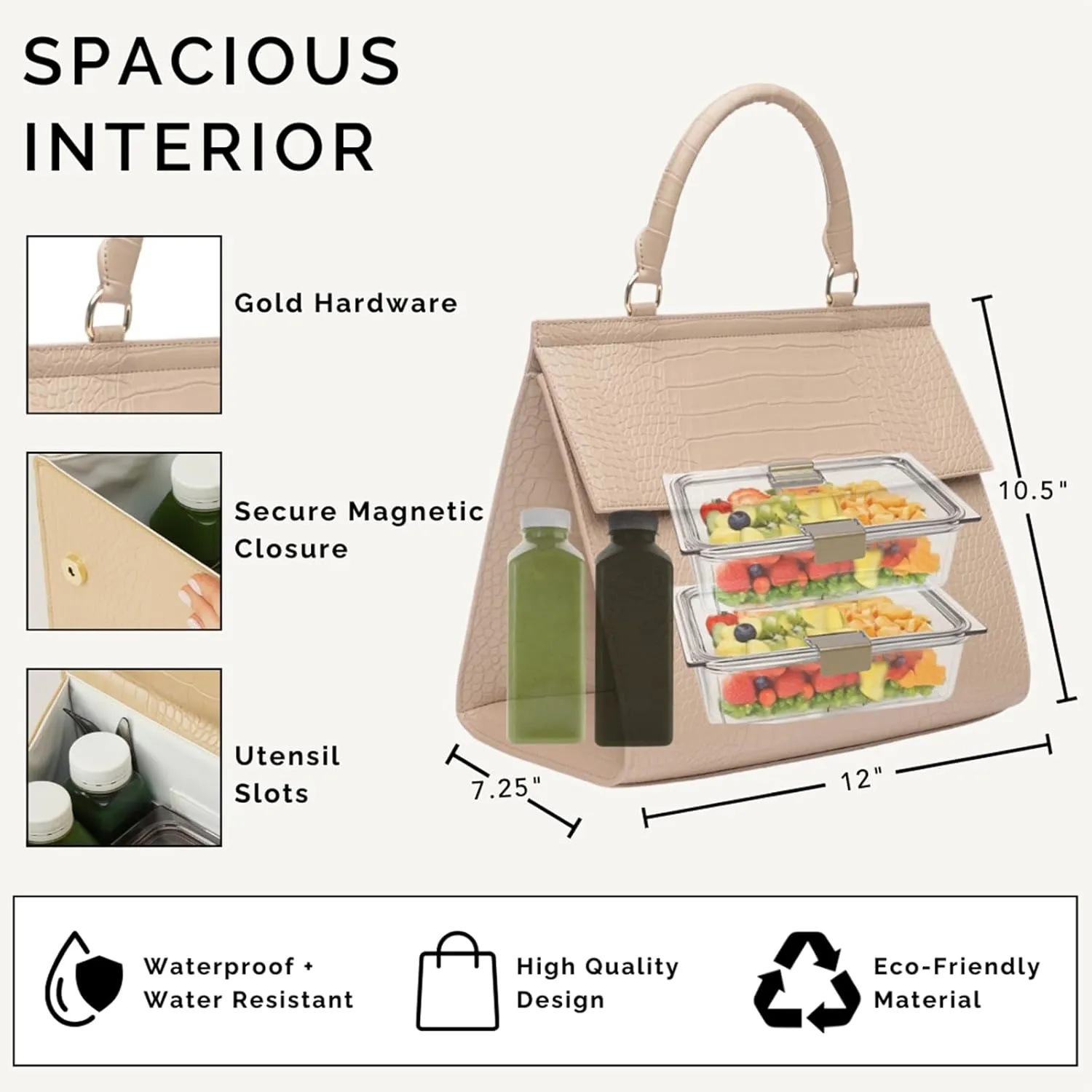 Modern Picnic Vegan Leather Lunch Bag for Women, Cooler Lunch Bag for Girls Easily Wipeable, Adjustable Shoulder Strap, Women’s Lunch Bags for Work/Office/Outdoor (Cream) As Seen on Shark Tank
