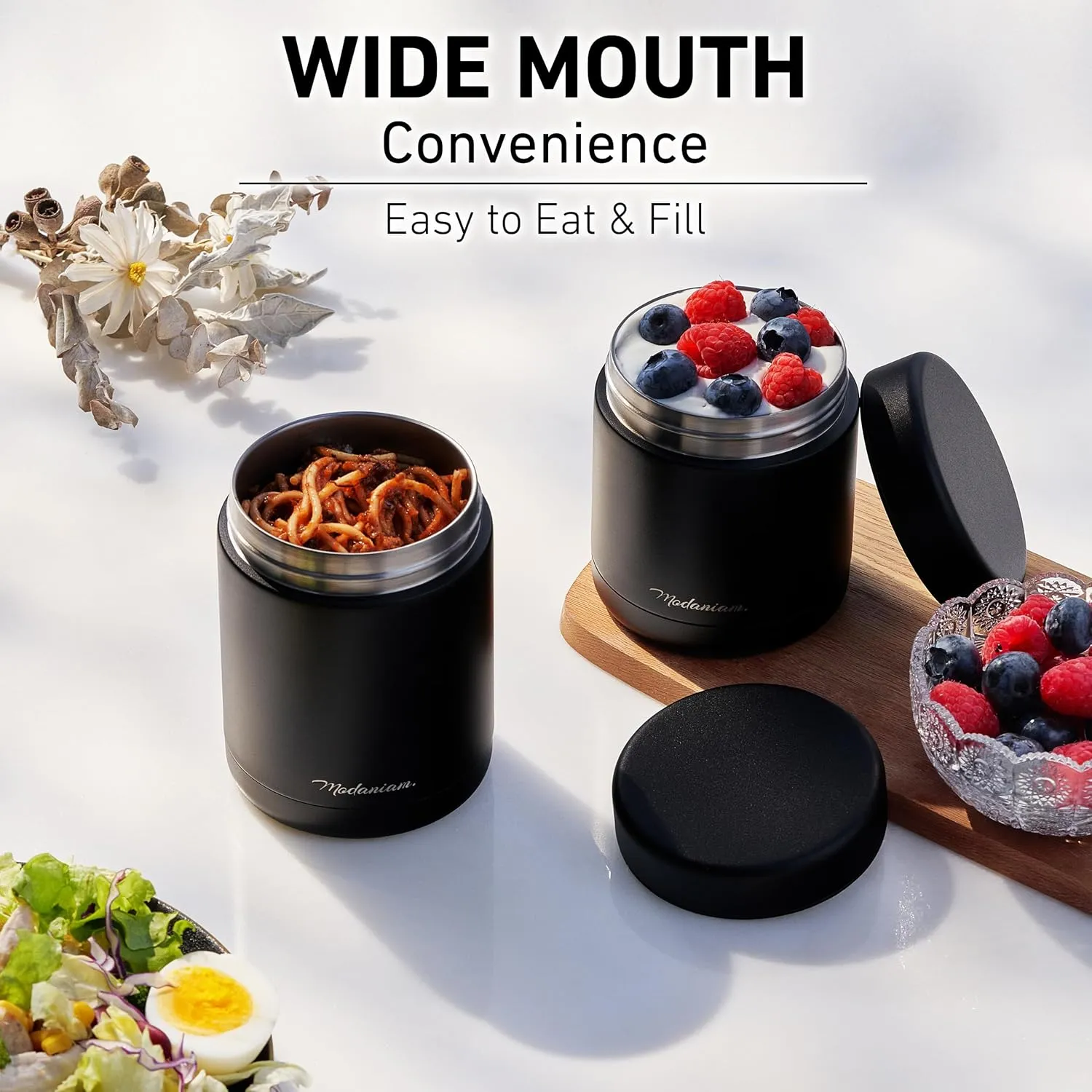 Modern vacum Insulated Food Jars set, wide mouth thermos, Soup Thermos for Hot Food, Food thermos For Adults, Stainless Steel Vacuum Insulated Lunch Containers, Thermos 16 oz, 12 oz (Black-Panther)