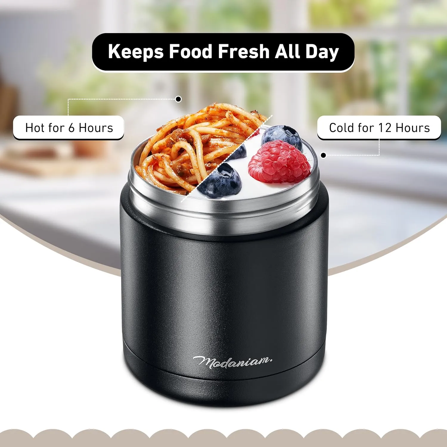 Modern vacum Insulated Food Jars set, wide mouth thermos, Soup Thermos for Hot Food, Food thermos For Adults, Stainless Steel Vacuum Insulated Lunch Containers, Thermos 16 oz, 12 oz (Black-Panther)