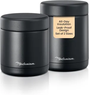 Modern vacum Insulated Food Jars set, wide mouth thermos, Soup Thermos for Hot Food, Food thermos For Adults, Stainless Steel Vacuum Insulated Lunch Containers, Thermos 16 oz, 12 oz (Black-Panther)
