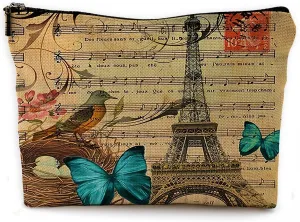 Modern Vintage Paris Eiffel Tower Floral Bird Butterfly Botanical Art Makeup Bag Travel Cosmetic Bags,Rustic French Style Cosmetic Bags with Zipper Pouch Travel Toiletry Case