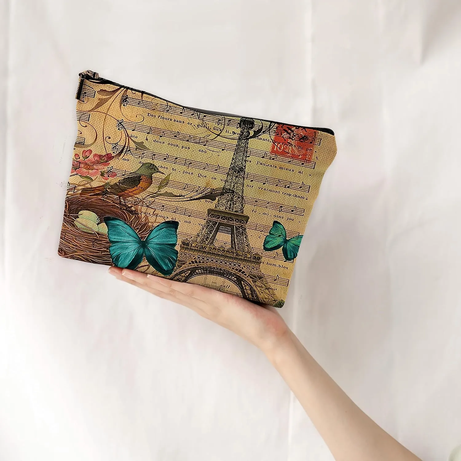 Modern Vintage Paris Eiffel Tower Floral Bird Butterfly Botanical Art Makeup Bag Travel Cosmetic Bags,Rustic French Style Cosmetic Bags with Zipper Pouch Travel Toiletry Case