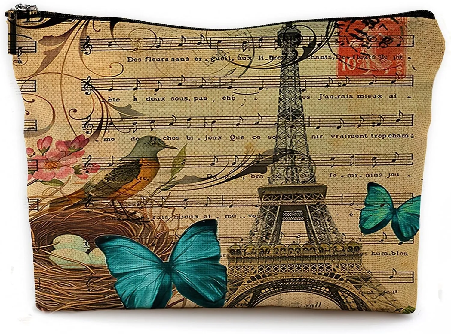 Modern Vintage Paris Eiffel Tower Floral Bird Butterfly Botanical Art Makeup Bag Travel Cosmetic Bags,Rustic French Style Cosmetic Bags with Zipper Pouch Travel Toiletry Case