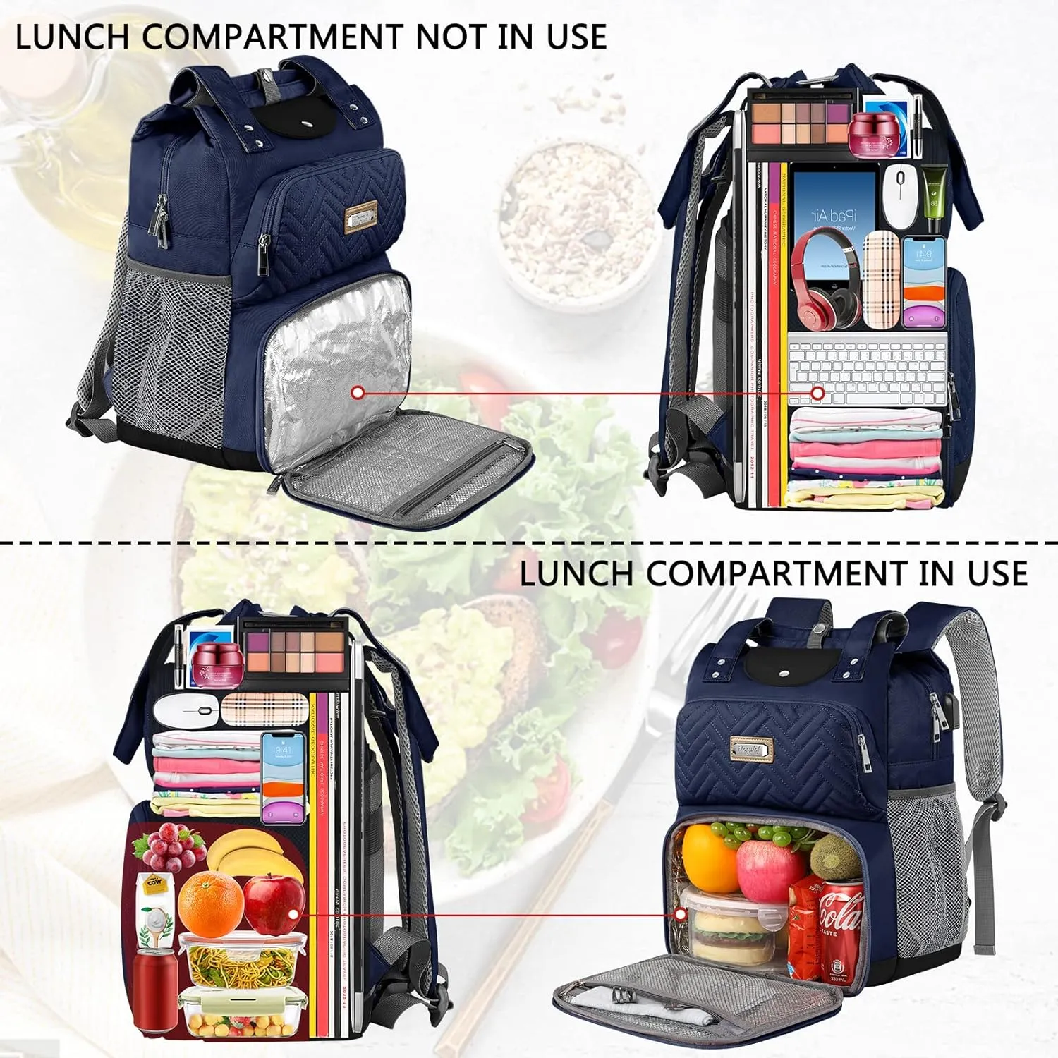 Mogplof Women Lunch Backpack, 15.6 Inch Laptop Backpack with USB Port RFID Pockets, Water-resistant College Insulated Cooler Backpacks Business Travel Work Leakproof Lunch Box Backpack for Work