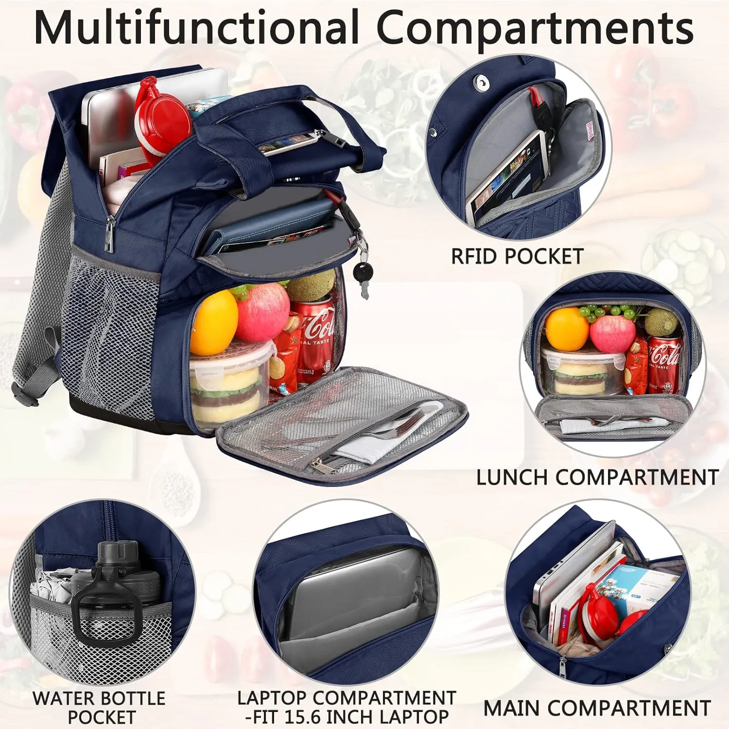 Mogplof Women Lunch Backpack, 15.6 Inch Laptop Backpack with USB Port RFID Pockets, Water-resistant College Insulated Cooler Backpacks Business Travel Work Leakproof Lunch Box Backpack for Work