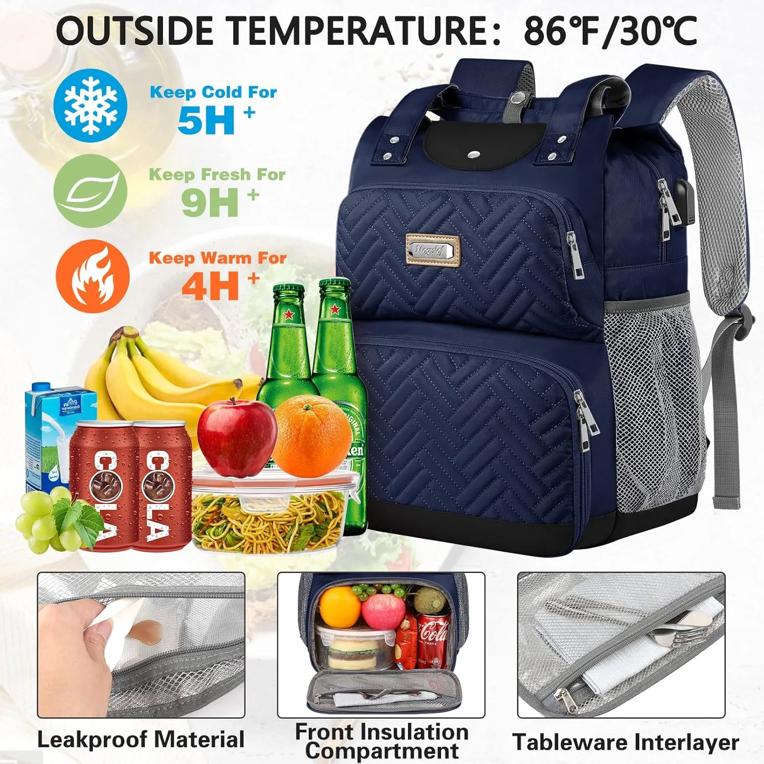 Mogplof Women Lunch Backpack, 15.6 Inch Laptop Backpack with USB Port RFID Pockets, Water-resistant College Insulated Cooler Backpacks Business Travel Work Leakproof Lunch Box Backpack for Work
