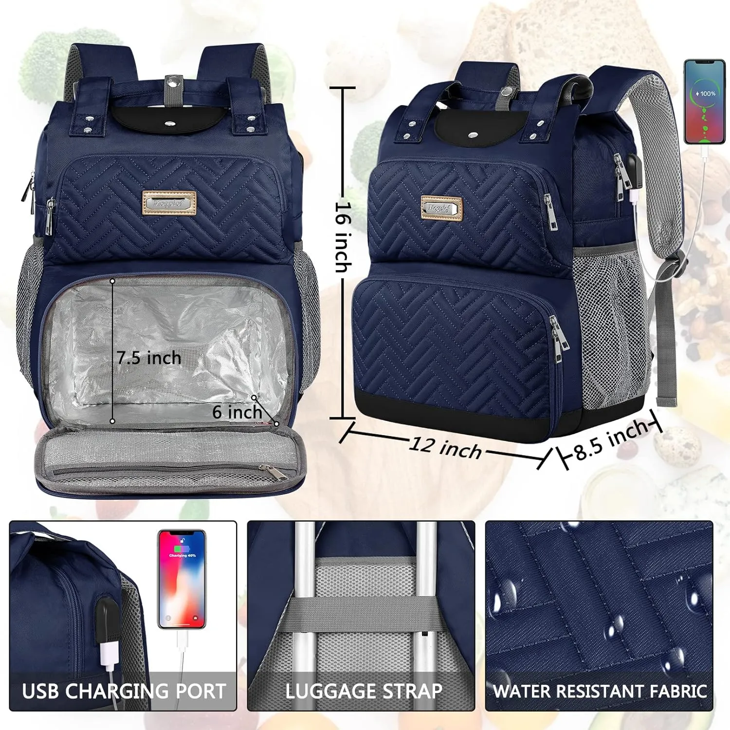 Mogplof Women Lunch Backpack, 15.6 Inch Laptop Backpack with USB Port RFID Pockets, Water-resistant College Insulated Cooler Backpacks Business Travel Work Leakproof Lunch Box Backpack for Work