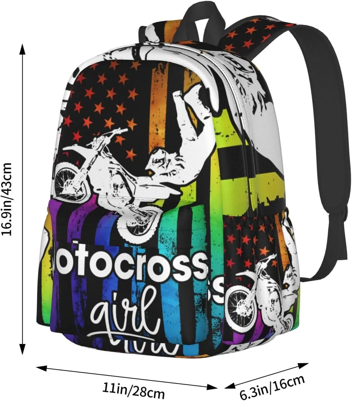 Motocross Dirt Bike Rider Racing American Flag Backpack Double Shoulder Bag 15 Inch Laptop Bagpacks for Hiking Work Camping Travel