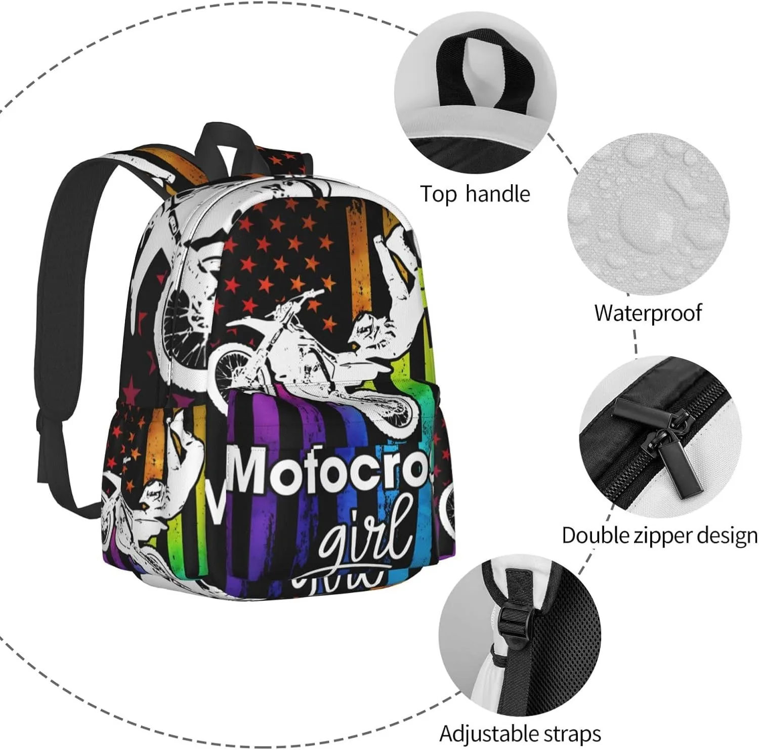 Motocross Dirt Bike Rider Racing American Flag Backpack Double Shoulder Bag 15 Inch Laptop Bagpacks for Hiking Work Camping Travel