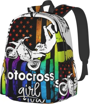 Motocross Dirt Bike Rider Racing American Flag Backpack Double Shoulder Bag 15 Inch Laptop Bagpacks for Hiking Work Camping Travel