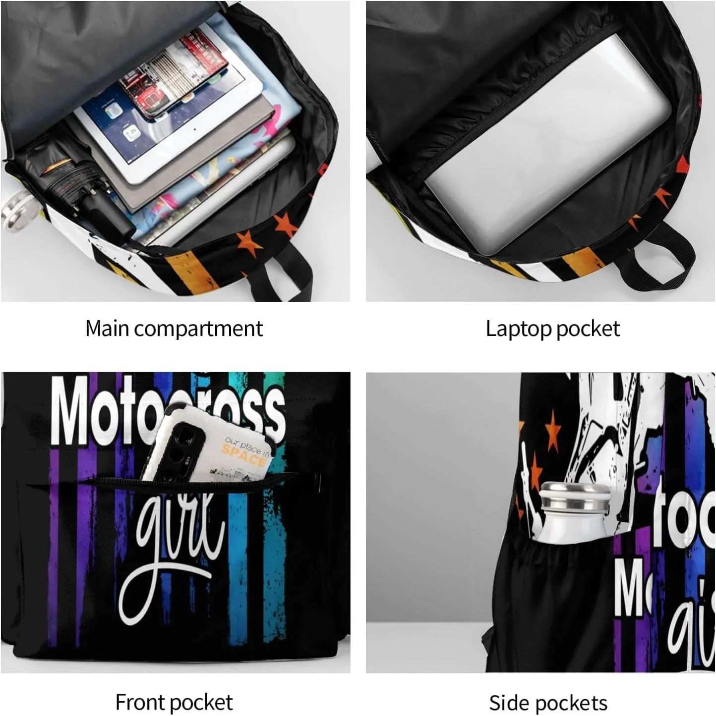 Motocross Dirt Bike Rider Racing American Flag Backpack Double Shoulder Bag 15 Inch Laptop Bagpacks for Hiking Work Camping Travel