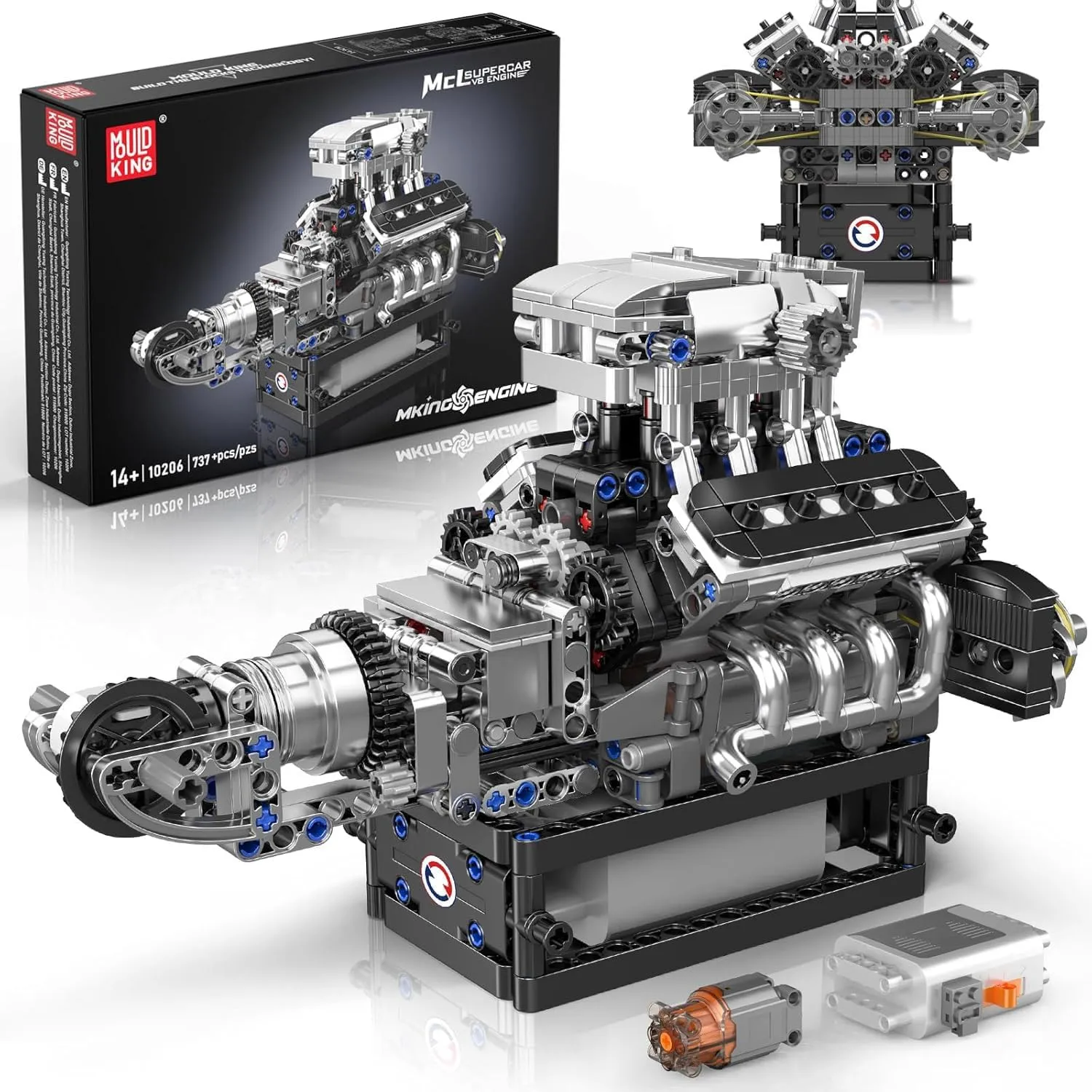 Mould King 10206 V8 Engine Model kit That Runs, Build Your Own Cars Combustion Battery/Motor Blocks Sets, Mechanic Engineering Construction Set, STEM Toy Gift for Adults 14  Boys(737 PCS)