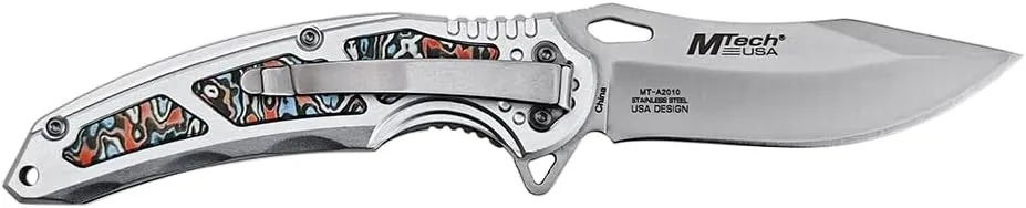 MTECH USA Folding Pocket Knife, 3.37-inch Drop Point Blade, Aluminum Handle with Red Inlay, 8.07-inch Overall Length