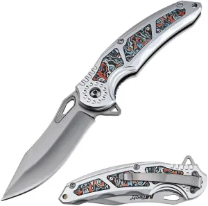 MTECH USA Folding Pocket Knife, 3.37-inch Drop Point Blade, Aluminum Handle with Red Inlay, 8.07-inch Overall Length