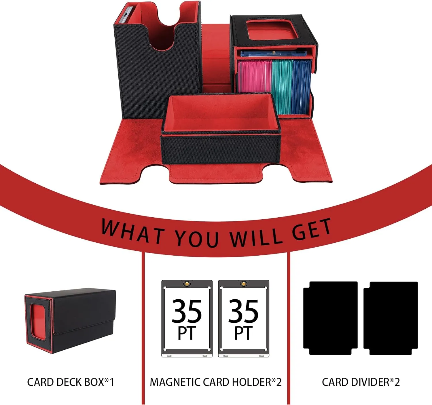 MTG Commander Deck Box - Portable Double Card Deck Box Fits 200 Double Sleeved Cards, Durable Magnetic Cards Case, Includes Dice Tray, Magnetic Card Holders and Dividers, Black/Red