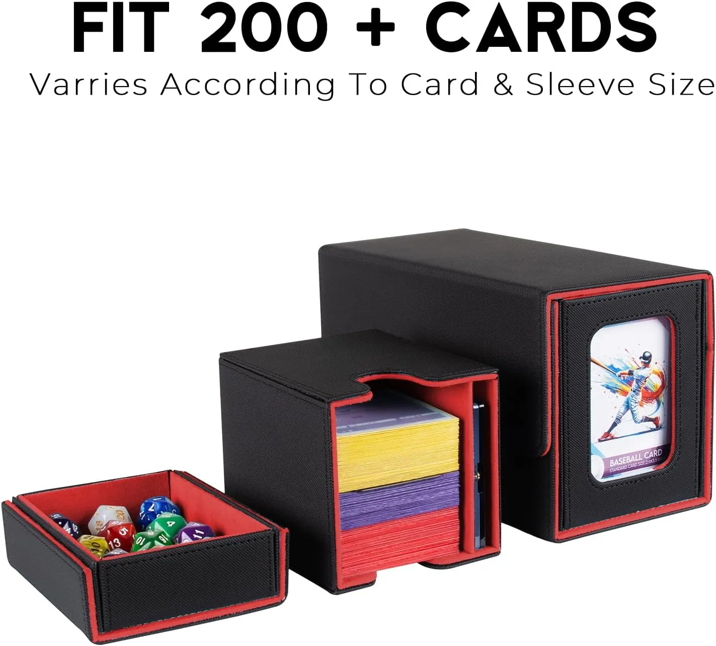 MTG Commander Deck Box - Portable Double Card Deck Box Fits 200 Double Sleeved Cards, Durable Magnetic Cards Case, Includes Dice Tray, Magnetic Card Holders and Dividers, Black/Red
