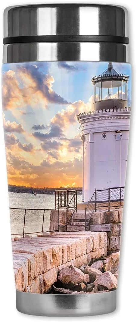 Mugzie 20 Ounce Stainless Steel Travel Mug with Wetsuit Cover - White Lighthouse on the Rocks