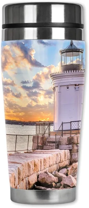 Mugzie 20 Ounce Stainless Steel Travel Mug with Wetsuit Cover - White Lighthouse on the Rocks