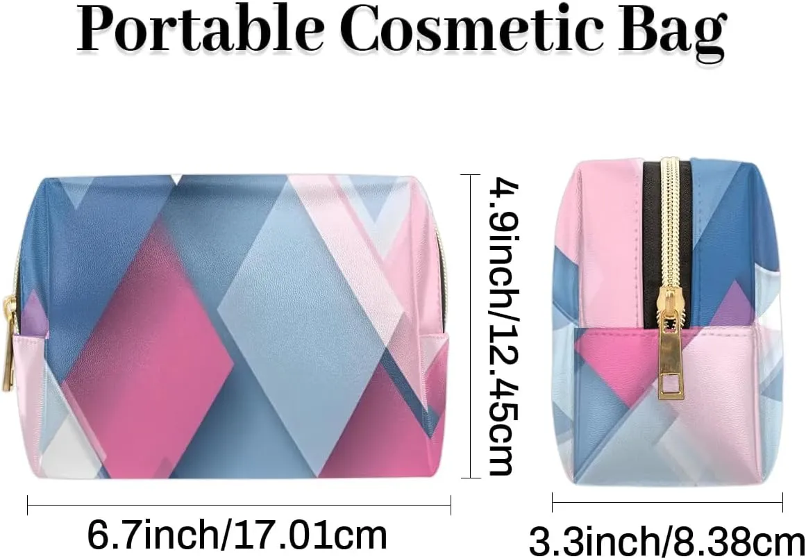 Multicolor Modern Pattern Travel Makeup Bag for Women, PU Leather Waterproof Checkered Cosmetic Bags Large Make up Bag Zipper Pouch