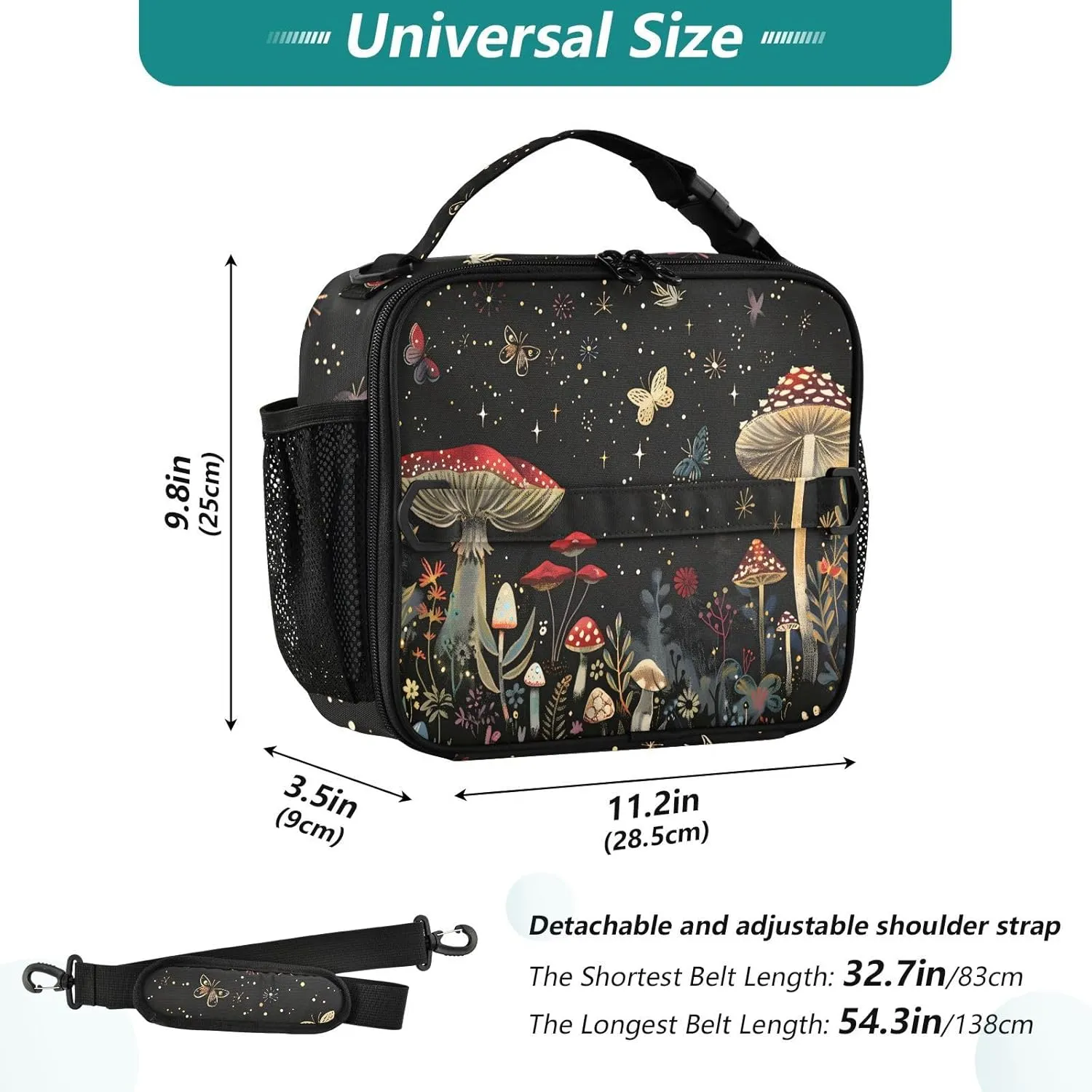 Mushroom Lunch Tote Bag with Adjustable Shoulder Strap for Teens Girls Boys Insulated Cooler Reusable Galaxy Lunch Box for Office Work Picnic