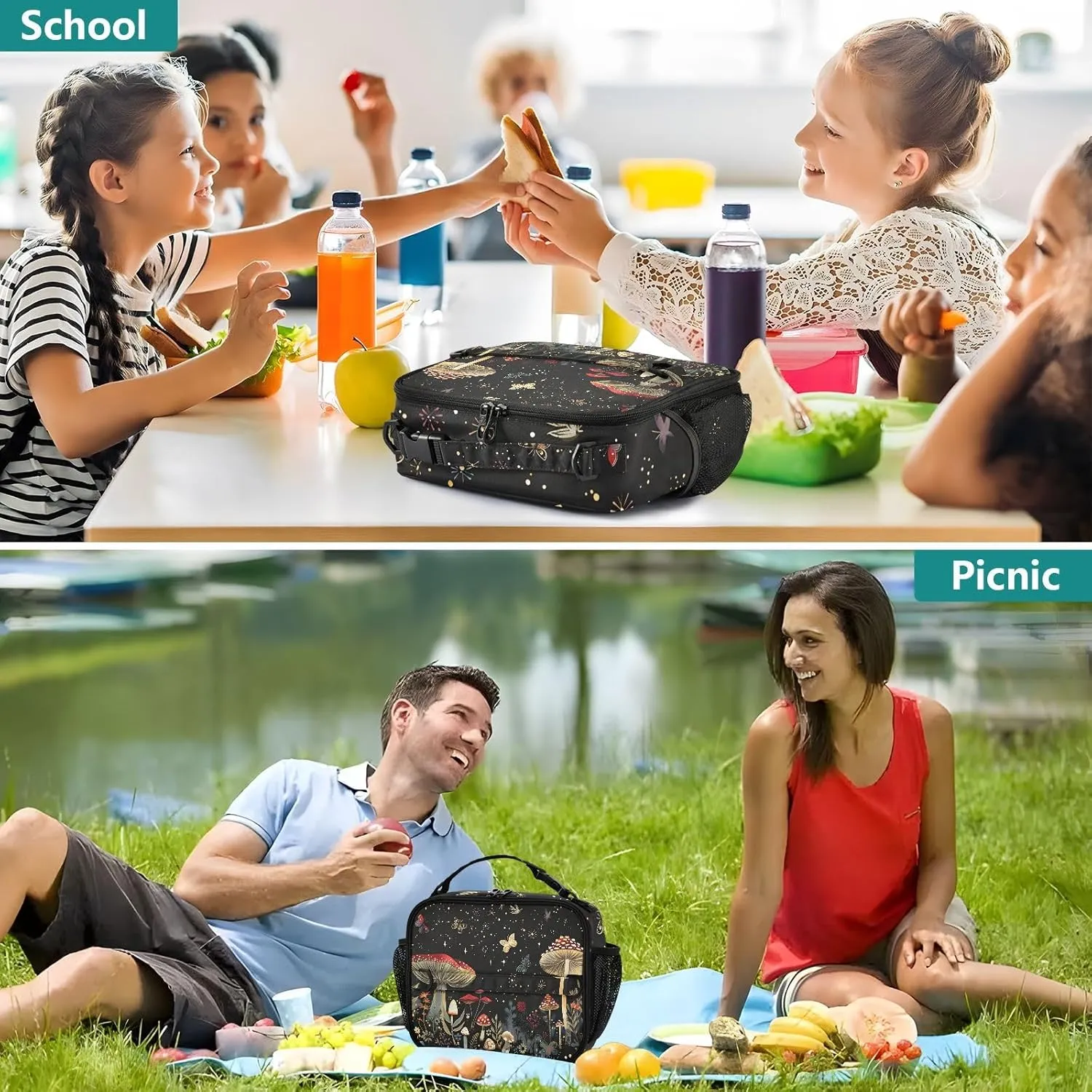 Mushroom Lunch Tote Bag with Adjustable Shoulder Strap for Teens Girls Boys Insulated Cooler Reusable Galaxy Lunch Box for Office Work Picnic