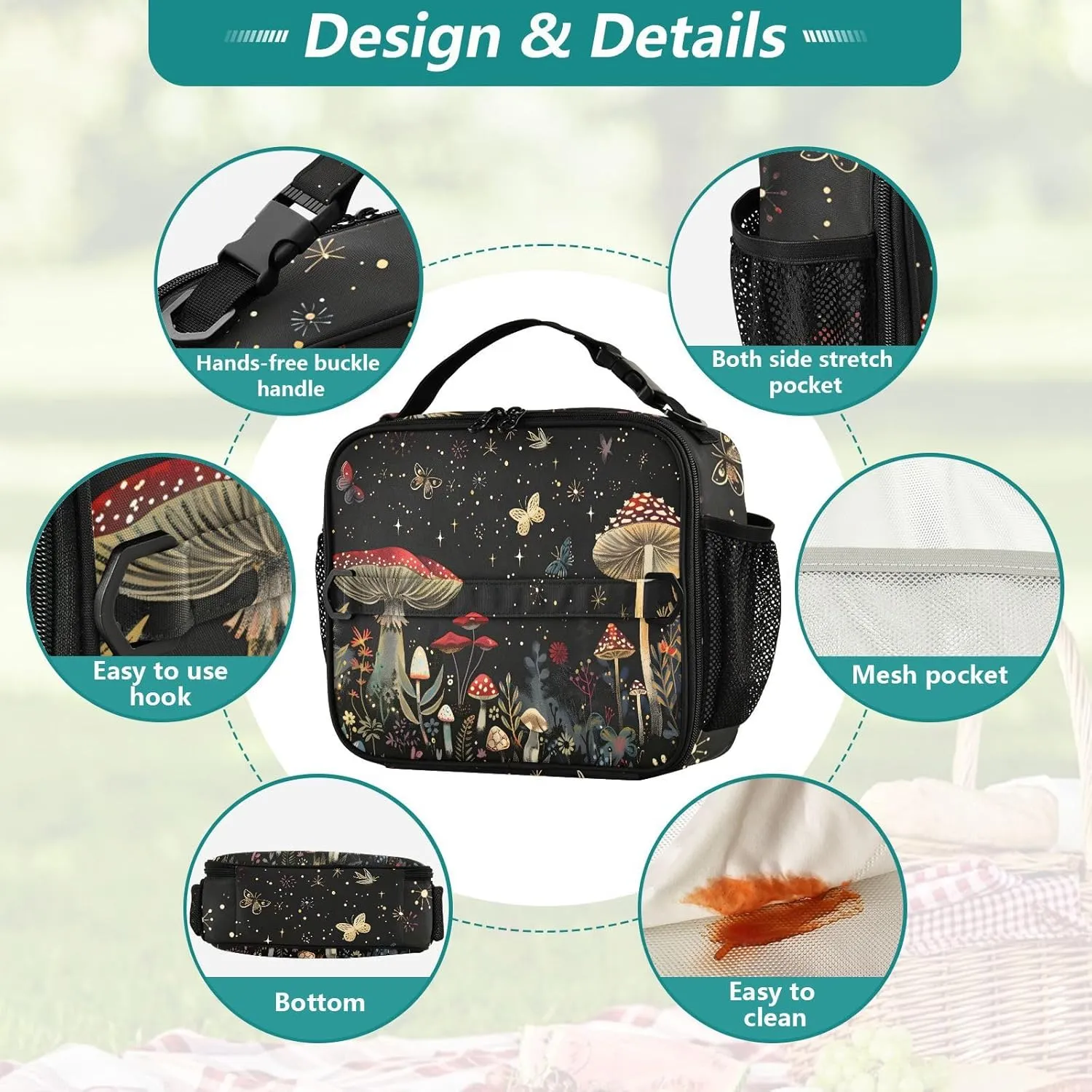 Mushroom Lunch Tote Bag with Adjustable Shoulder Strap for Teens Girls Boys Insulated Cooler Reusable Galaxy Lunch Box for Office Work Picnic