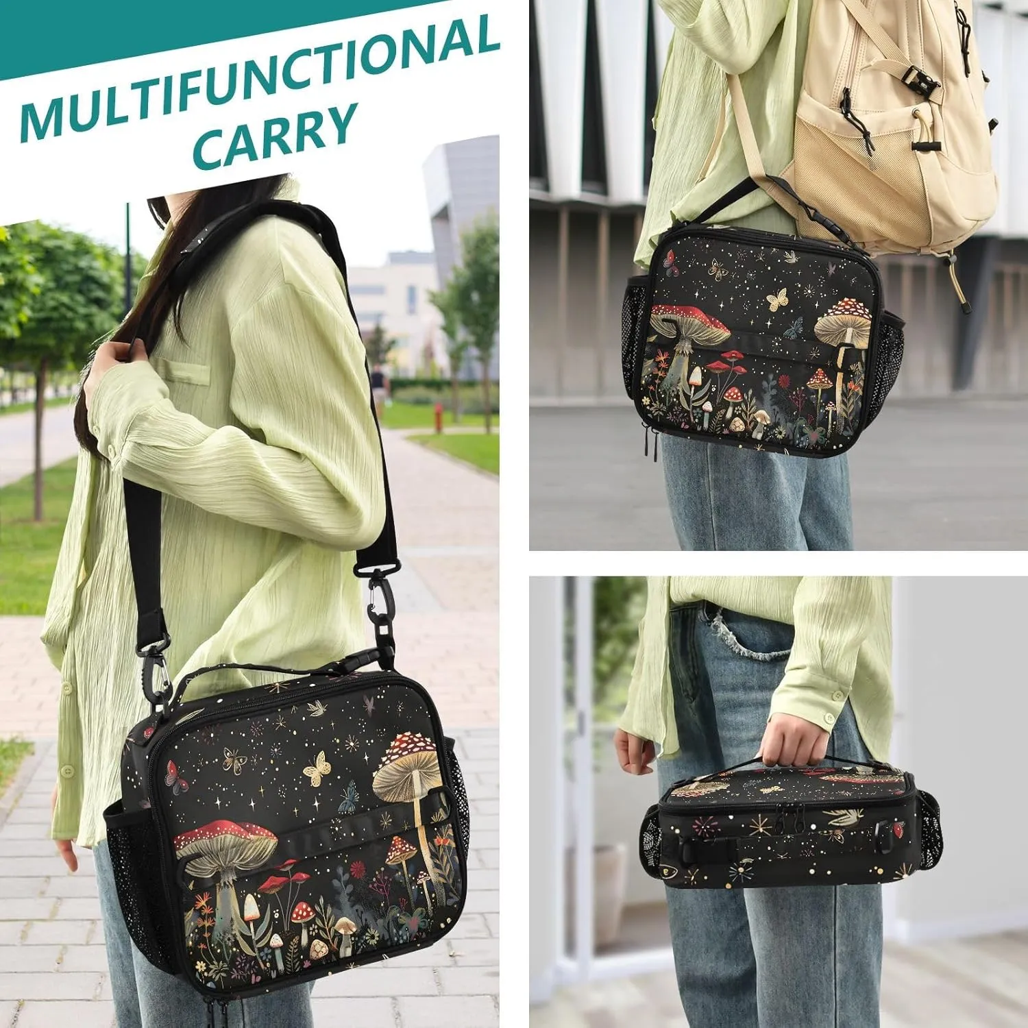 Mushroom Lunch Tote Bag with Adjustable Shoulder Strap for Teens Girls Boys Insulated Cooler Reusable Galaxy Lunch Box for Office Work Picnic
