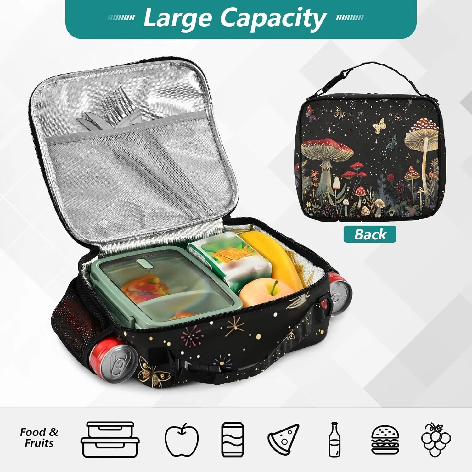 Mushroom Lunch Tote Bag with Adjustable Shoulder Strap for Teens Girls Boys Insulated Cooler Reusable Galaxy Lunch Box for Office Work Picnic
