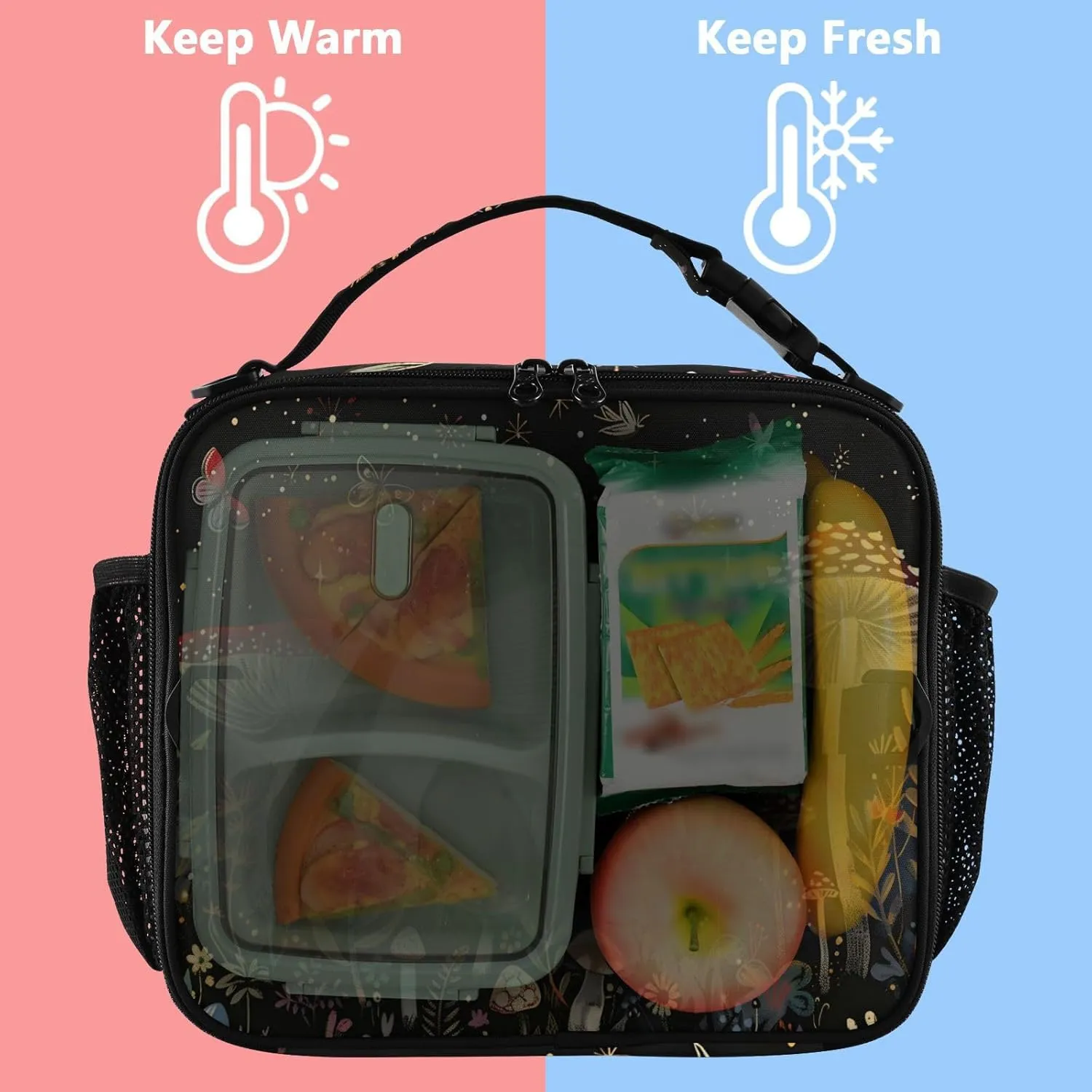 Mushroom Lunch Tote Bag with Adjustable Shoulder Strap for Teens Girls Boys Insulated Cooler Reusable Galaxy Lunch Box for Office Work Picnic