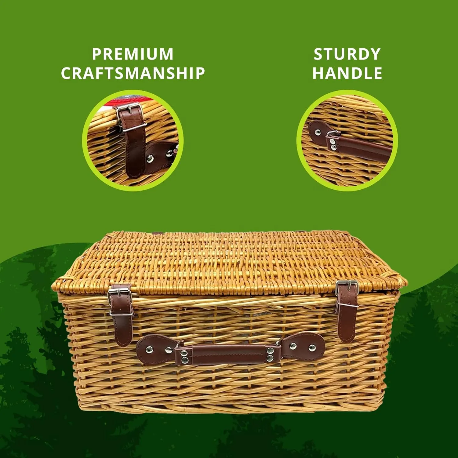 Nature Gear Picnic Basket, Wicker Basket with Handle for Outdoors, Insulated Woven Basket, Includes a Service Kit of Dinnerware & Wine Glasses, Picnic Basket Set for 4, Red & White