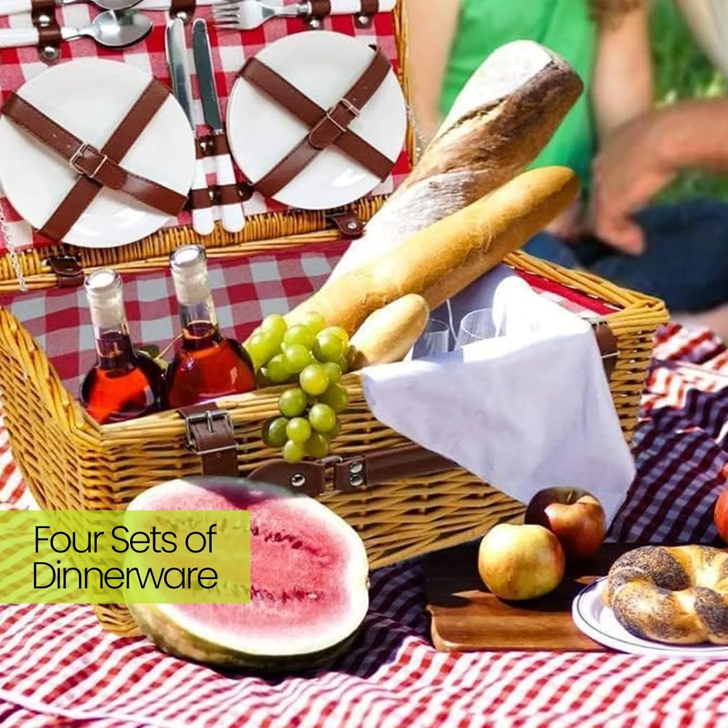 Nature Gear Picnic Basket, Wicker Basket with Handle for Outdoors, Insulated Woven Basket, Includes a Service Kit of Dinnerware & Wine Glasses, Picnic Basket Set for 4, Red & White