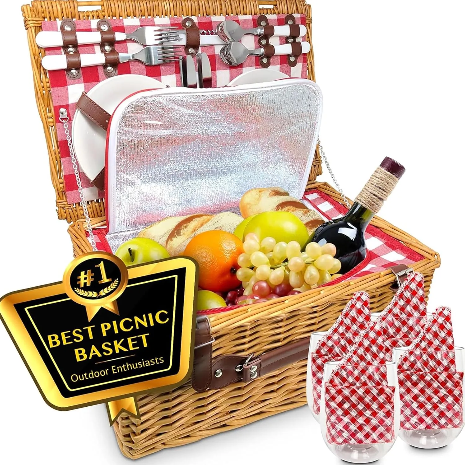 Nature Gear Picnic Basket, Wicker Basket with Handle for Outdoors, Insulated Woven Basket, Includes a Service Kit of Dinnerware & Wine Glasses, Picnic Basket Set for 4, Red & White