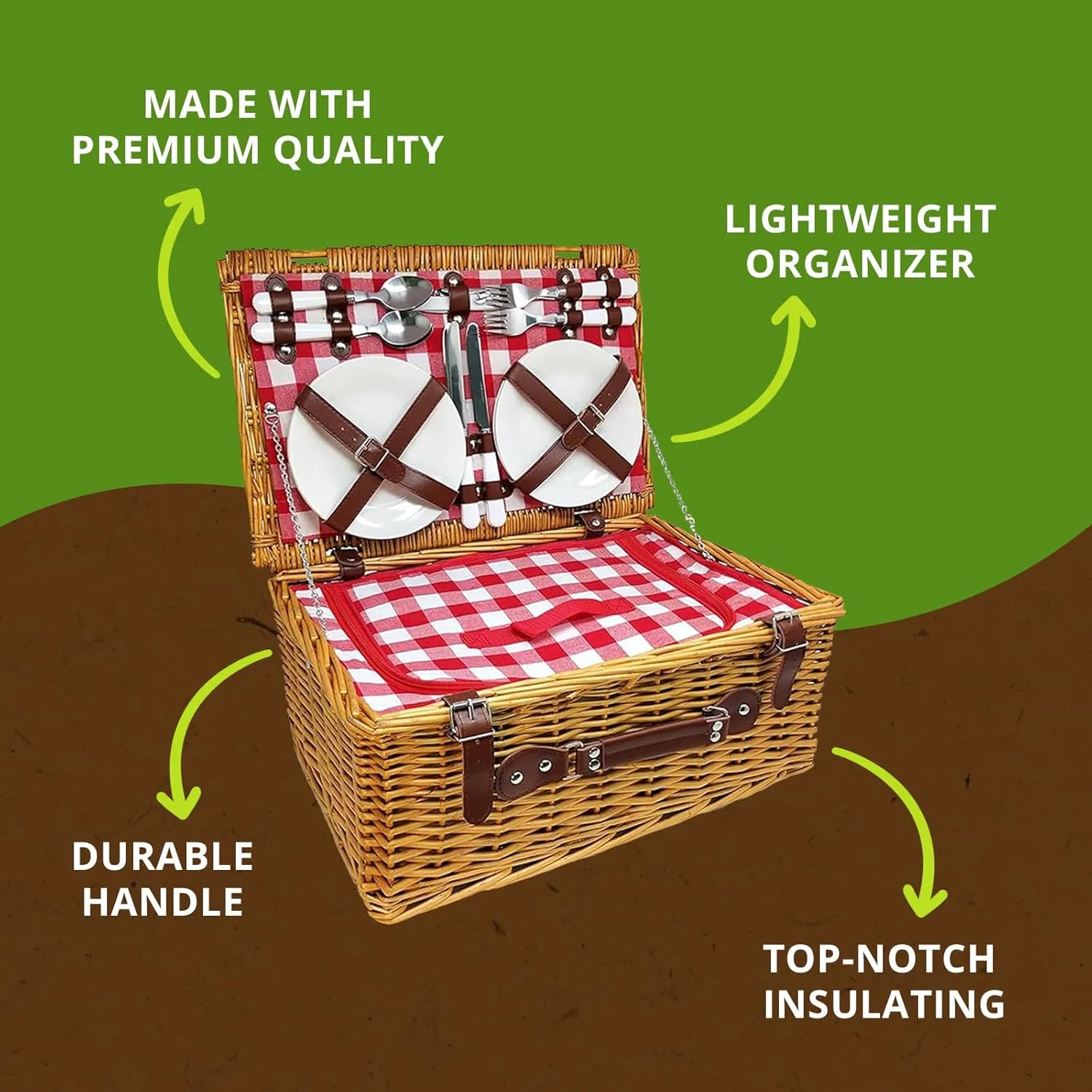 Nature Gear Picnic Basket, Wicker Basket with Handle for Outdoors, Insulated Woven Basket, Includes a Service Kit of Dinnerware & Wine Glasses, Picnic Basket Set for 4, Red & White