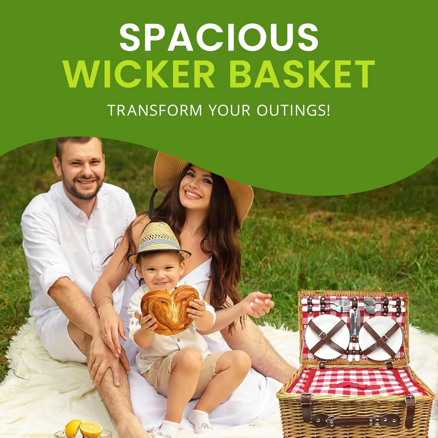 Nature Gear Picnic Basket, Wicker Basket with Handle for Outdoors, Insulated Woven Basket, Includes a Service Kit of Dinnerware & Wine Glasses, Picnic Basket Set for 4, Red & White