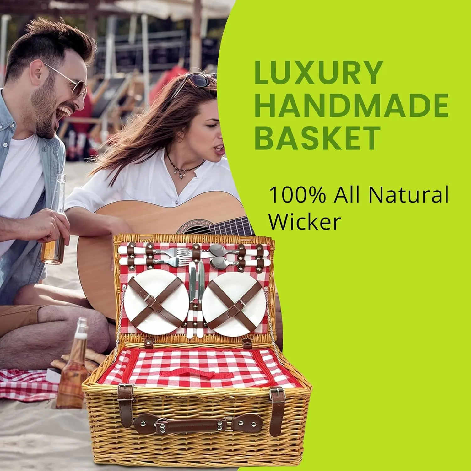 Nature Gear Picnic Basket, Wicker Basket with Handle for Outdoors, Insulated Woven Basket, Includes a Service Kit of Dinnerware & Wine Glasses, Picnic Basket Set for 4, Red & White