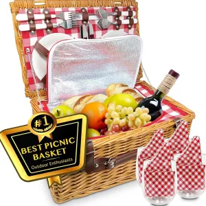 Nature Gear Picnic Basket, Wicker Basket with Handle for Outdoors, Insulated Woven Basket, Includes a Service Kit of Dinnerware & Wine Glasses, Picnic Basket Set for 4, Red & White