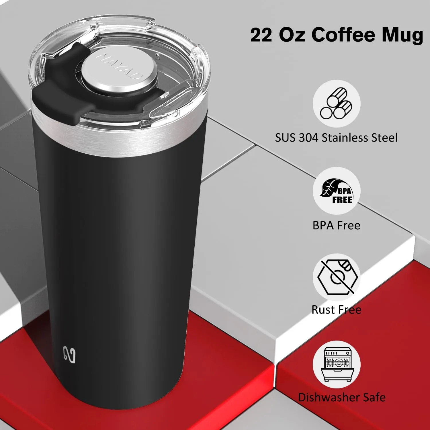 NAYAD 22oz Tumbler with Lid and Straw Travel Coffee Mug Insulated Stainless Steel Vacuum Cup Fits Cup Holders For Cold and Hot, Black