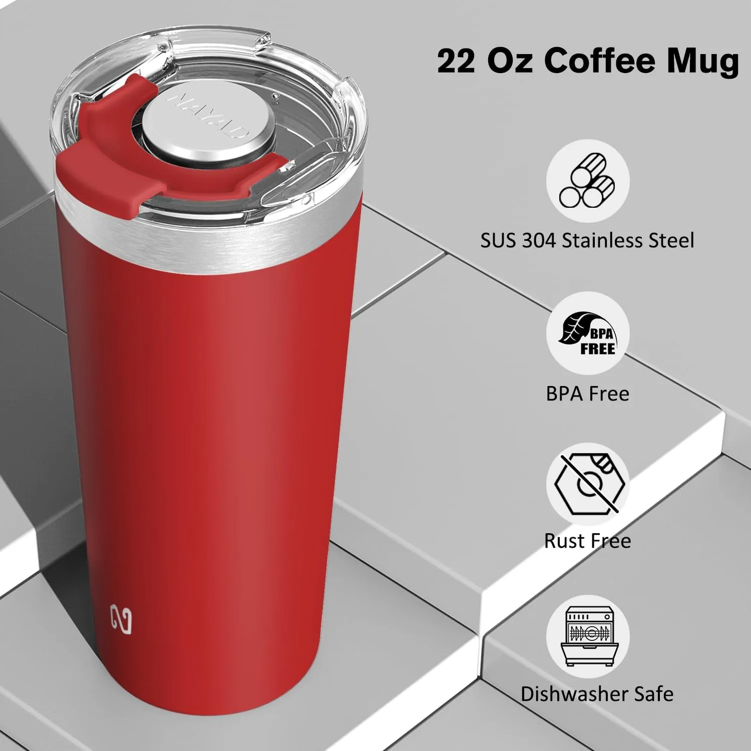 NAYAD 22oz Tumbler with Lid and Straw Travel Coffee Mug Insulated Stainless Steel Vacuum Cup Fits Cup Holders For Cold and Hot, Red